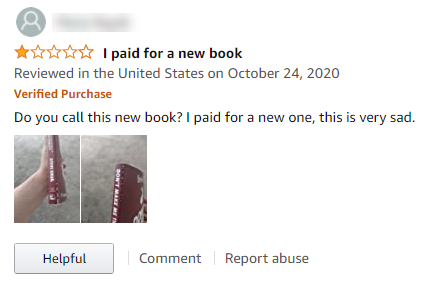 Amazon one-star review because cover was scuffed 